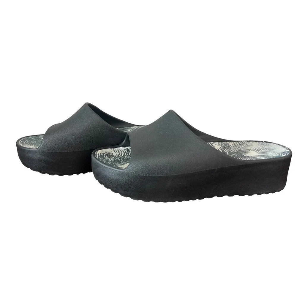 Baretraps Womens Black Platform Slide Sandals Tropical Palm Print Insole Size 10